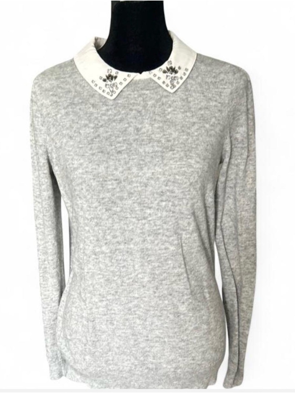 LOFT Gray Knit Collared Pullover Sweater Embroidered Rhinestone Collar S